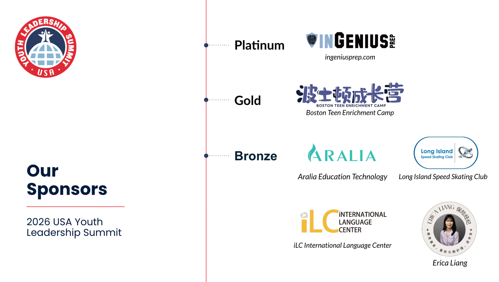 2026 USA Youth Leadership Summit sponsors: Platinum – InGenius Prep; Gold – Boston Teen Enrichment Camp; Bronze – Aralia Education Technology, Long Island Speed Skating Club, ILC International Language Center, Erica Liang